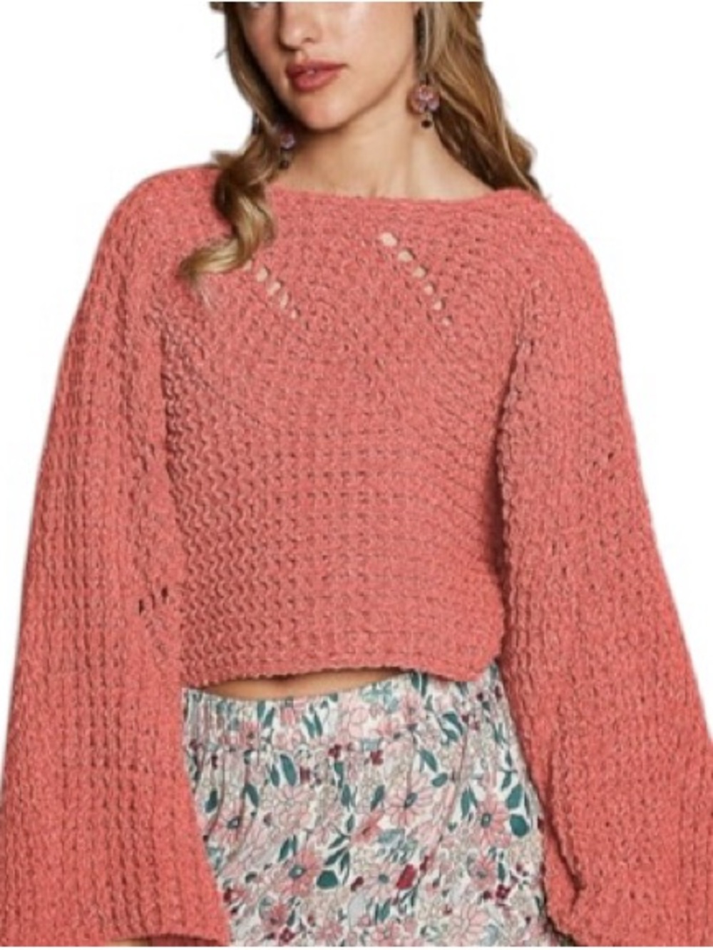 POL | Women’s Solid Pink Semi-Cropped Chenille Sweater L Pointelle Chunky Knit